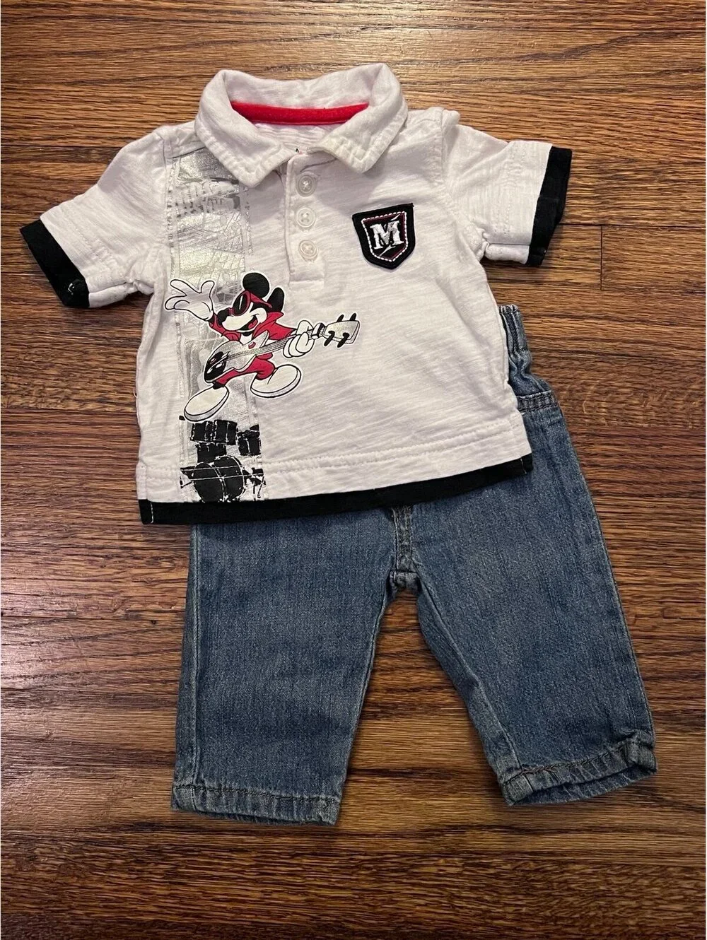 Disney Newborn Mickey Mouse Polo Shirt + Jeans Baby Boy Outfit Set (Size NB)
